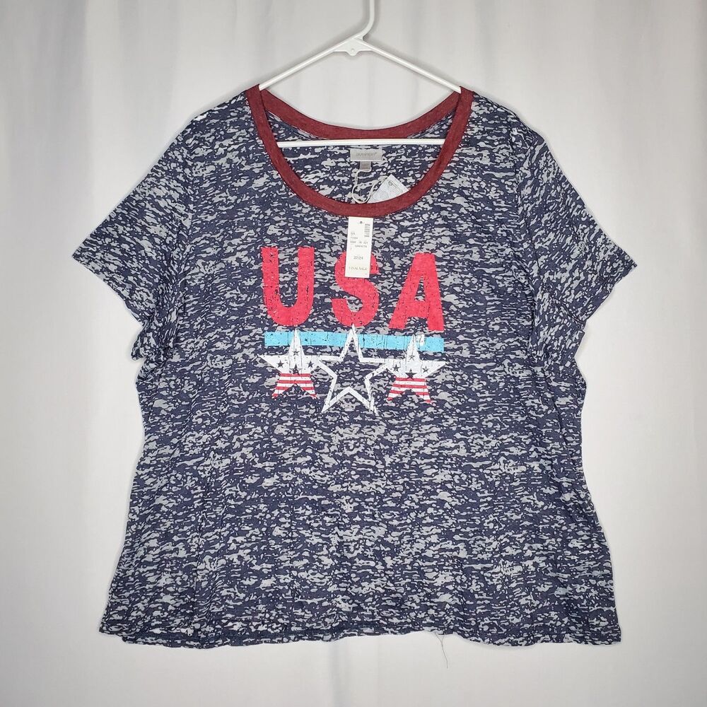 Avenue Burnout USA T-Shirt Women 22/24 Red Blue Boxy Lightweight Short Sleeve